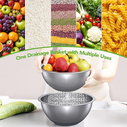 304 Stainless Steel Colander and Strainer, 5QT Large Capacity and 6QT Mixing Bowl, Micropore for Washing Rice, Fruit, and Cooked Pasta, Perfect Draining for Grain and Bean - Image 3