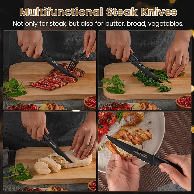Amorston Steak Knives, Steak Knives Set of 8, Stainless Steel Steak Knife Set, Serrated Knives Dishwasher Safe, Elegant Black Mothers Day Gifts for Women - Image 5