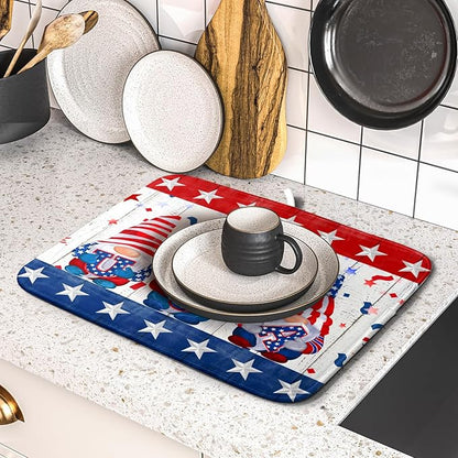 Giwawa 4th of July Gnomes Dish Drying Mat 16x18 inch Patriotic Elf Usa Stars Dish Drainer Mats Independece Day Small Microfiber Dish Drying Pad for Kitchen Countertop Holiday Decor