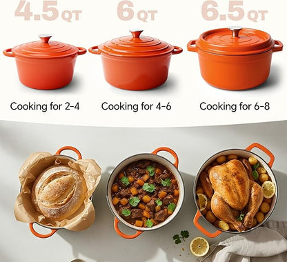 6 Quart Dutch Oven Pot with Lid, Non Stick Enameled Cast Iron Dutch Oven for Bread Baking, Heavy-Duty, Oven Safe Ceramic Cookware Up to 500°F for Baking, Braising, Stews, Roasting, Orange - Image 3