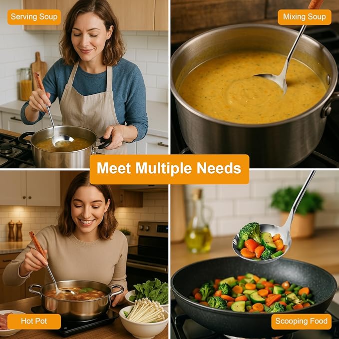 FJNATINH Soup Ladle, Food Grade Stainless Steel Ladle, Cooking Soup Spoon Kitchen Tools with Heat Resistant Wooden Handle, 13.7 Inches - Image 5