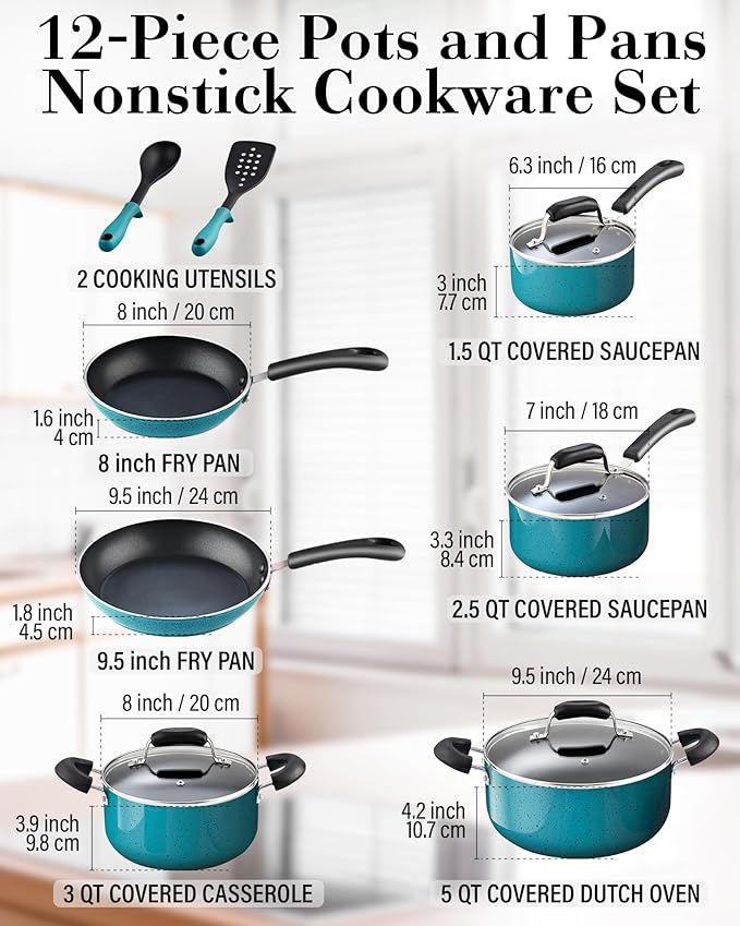 Cook N Home Pots and Pans Nonstick Cookware Set 12-Piece, Kitchen Cooking Set with Frying Pans and Saucepans, Induction Compatible, Turquoise - Image 2