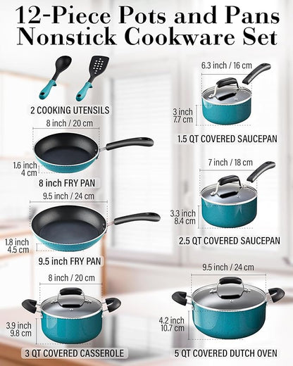 Cook N Home Pots and Pans Nonstick Cookware Set 12-Piece, Kitchen Cooking Set with Frying Pans and Saucepans, Induction Compatible, Turquoise - Image 2