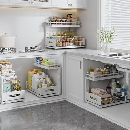 Under Sink Organizer Upgrade To Professional Rails,2-Tier Dual Pull Out Cabinet Storage,Height Adjustable Slide Out Drawers For Bathroom Kitchen,2 Pack-14.5"Dx12.8"-16.9"H,White - Image 7