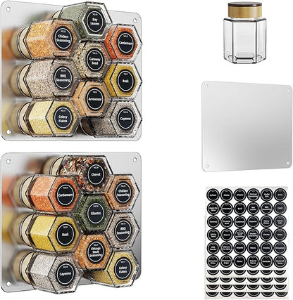 Vetacsion Set of 18 Magnetic Glass Spice Tins with 100 Preprinted Seasoning Label Stickers (Include Black Metal Wall-Plates) by HOMESTORAGE