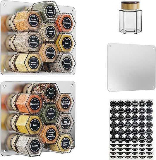Vetacsion Set of 18 Magnetic Glass Spice Tins with 100 Preprinted Seasoning Label Stickers (Include Black Metal Wall-Plates) by HOMESTORAGE