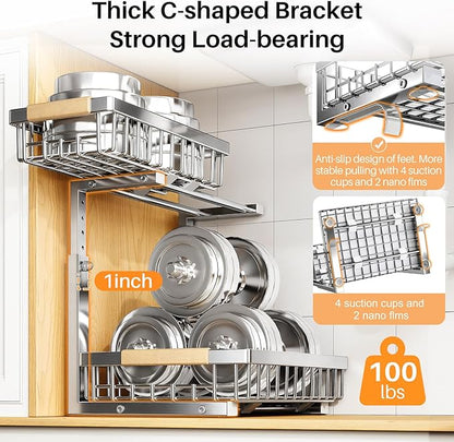 PXRACK Under Sink Organizer, Adjustable Height, 2 Tier Pull Out Cabinet Organizer, Slide Out Thickened Metal Storage for Kitchen Bathroom Laundry Pantry Cabinet, Stainless Steel, Silver, Large-1-Pack - Image 6