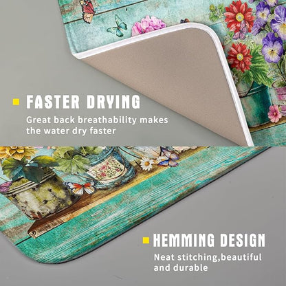 Flower Dish Drying Mat for Kitchen Counter 16x18 Inch Rustic Vintage Microfiber Absorbent Dishes Drainer Mats - Image 3