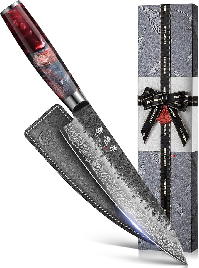 Japanese Chef Knife, 8 Inch VG10 Damascus Kitchen Knife, Professional Black Forged Kitchen Knives with Red Ergonomic Handle, Leather Sheath & Luxury Gift box, Perfect Birthday Gifts for Women Mom