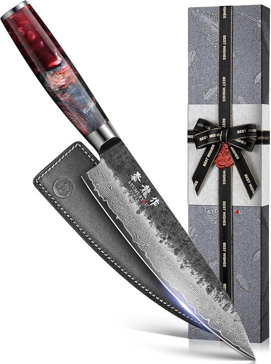 Japanese Chef Knife, 8 Inch VG10 Damascus Kitchen Knife, Professional Black Forged Kitchen Knives with Red Ergonomic Handle, Leather Sheath & Luxury Gift box, Perfect Birthday Gifts for Women Mom