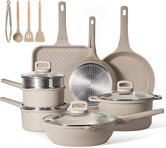 CAROTE Pots and Pans Set Non Stick, 16Pcs Kitchen Cookware Set, Stackable Induction Cookware, Pot and Pan set, Pans for Cooking, Taupe Granite，Pots and Pans Set Non Stick, by CAROTE