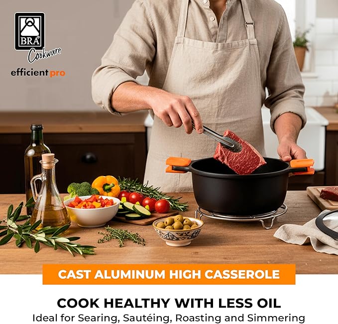 BRA COOKWARE Efficient Pro Nonstick Stock Pot w/Lid | 9.5 Inch 4.2 Quart Cooking Pot | 3-Layer Scratch Resistant Coating | PFOA Free Deep Pot | All Cooktops | Oven Safe up to 425°F (w/o Lid-Handles)