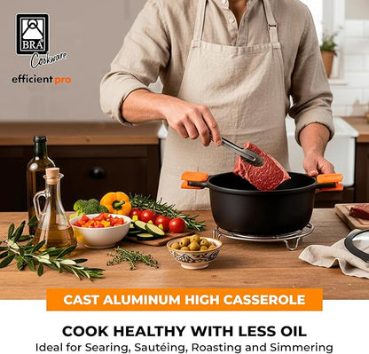 BRA COOKWARE Efficient Pro Nonstick Stock Pot w/Lid | 9.5 Inch 4.2 Quart Cooking Pot | 3-Layer Scratch Resistant Coating | PFOA Free Deep Pot | All Cooktops | Oven Safe up to 425°F (w/o Lid-Handles)