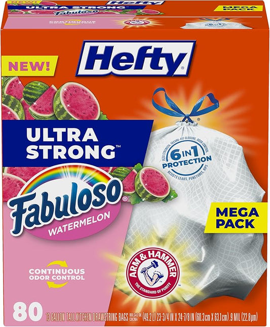 Hefty Ultra Strong 13 Gallon Trash Bags, Tall Kitchen Trash Bags 13 Gallon Size, Resist Leaks, Punctures, and Rips, Continuous Odor Control, White, Fabuloso Watermelon Scent, 80 Bags