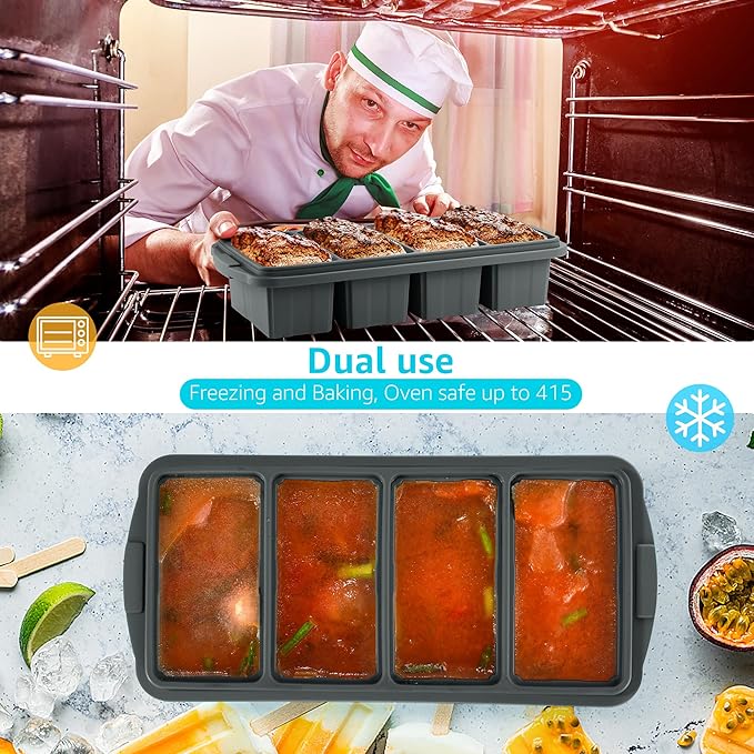 Ztomine Silicone Freezer Tray With Lid - Silicone Freezer Food Molds- Large Ice Cube Tray,Silicone Freezer Container,Freeze & Store Soup, Sauce, Broth,Leftovers - Makes 4 Perfect 1 Cup - Image 3
