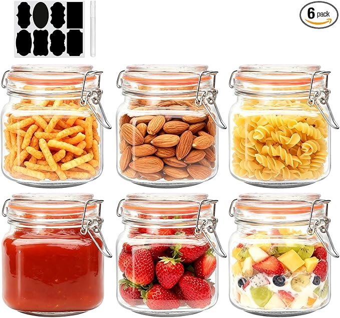25 oz Glass Jars With Airtight Lids And Leak Proof Rubber Gasket,Wide Mouth Mason Jars With Hinged Lids For Kitchen Canisters 750ml, Glass Storage Containers 6 Pack by Encheng