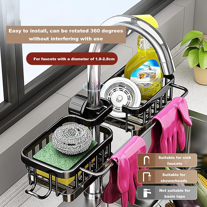 Sink Organizer Rack for Kitchen and Bathroom,Stainless Steel Detachable Hanging Faucet Drain Rack with Drip Tray Faucet Sponge Holder for Bathroom (Black, L&R as One) - Image 2