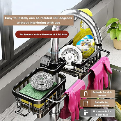 Sink Organizer Rack for Kitchen and Bathroom,Stainless Steel Detachable Hanging Faucet Drain Rack with Drip Tray Faucet Sponge Holder for Bathroom (Black, L&R as One) - Image 2