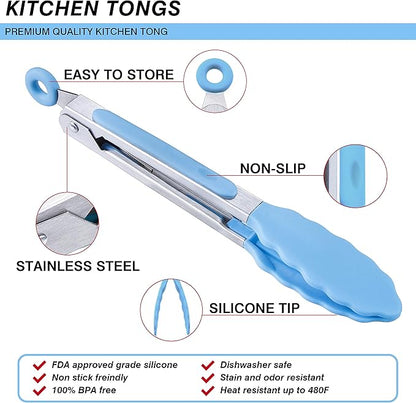 MSY BIGSUNNY Kitchen Food Tongs - 7" Mini Silicone Serving Tongs - Set of 3 (Blue)