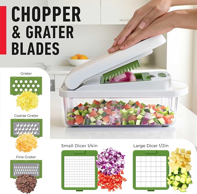 Mueller Pro-Series 10-in-1, 8 Blade Vegetable Chopper, Onion Mincer, Cutter, Dicer, Egg Slicer with Container, French Fry Cutter Potato Slicer, Home Essentials, Salad Chopper White Sand/Green - Image 5