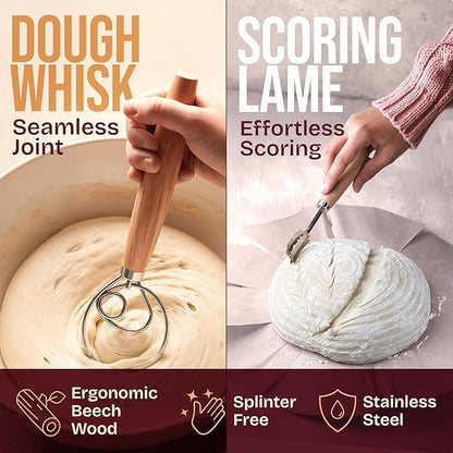 Superbaking Banneton Bread Proofing Basket, Sourdough Bread Baking Supplies, Round 9 Inch Sourdough Starter Kit, Proofing Basket for Baking, Bread Making Supplies Tools, Banneton Basket Gift Set - Image 7