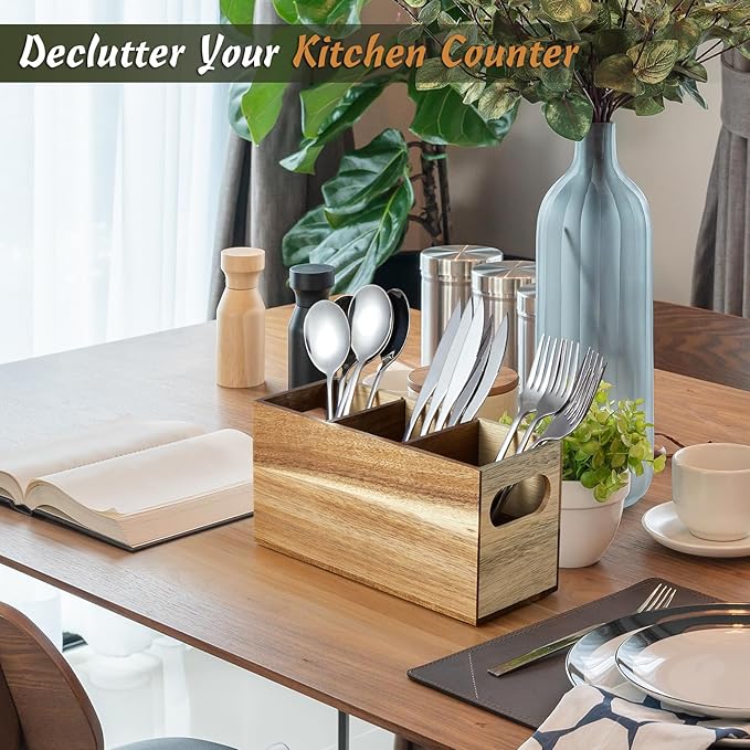 DRASTAR Silverware Holder, Acacia Wooden Utensil Caddy, Silverware Organizer Countertop, Cutlery Holder for Party, Fork Spoon Knife Organizer - Image 5