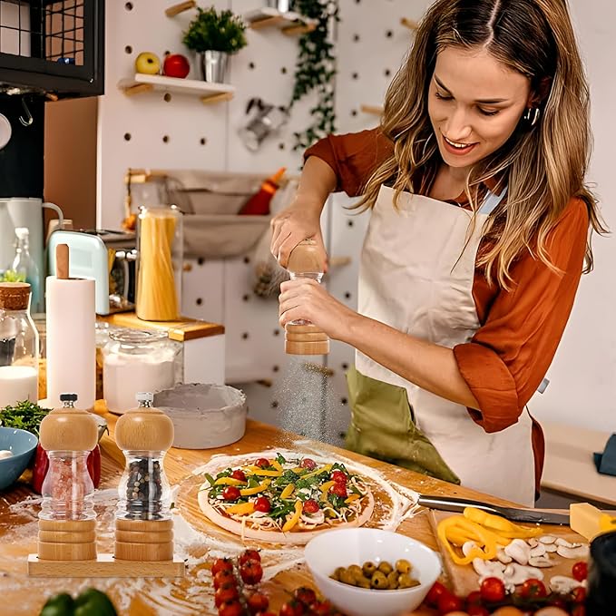 Salt and Pepper Grinder Set,2 PCS 5 Inch Wooden Manual Salt Pepper Mill Grinders for Kitchen,Refillable and Adjustable Grinder for Pepper Salt Spices
