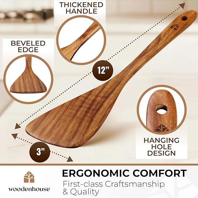 Wooden Spatula for Cooking, 12 Inch - Easy to Clean, Long-Lasting & Sturdy Natural Acacia Wood Spatula for Cooking - Wooden Spatulas with Comfortable Handle, Perfect for Flipping, Turning & Frying - Image 4