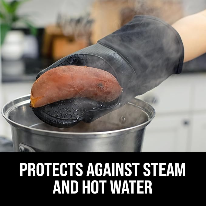 BPA-Free Silicone Oven Mitts Ultra Heat Resistant up to 500°F - Oven Mitts with Thick Cotton Liner - Long Slip Resistant Pot Holders, Flexible Oven Gloves - Black 13.7" - Image 2