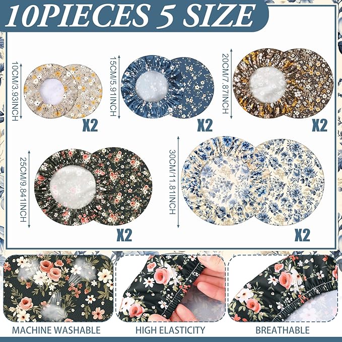 Patelai 10 Pcs Bowl Covers Reusable in 5 Size Stretch Cloth Fabric Elastic Food Storage Bowl Covers Bread Sourdough Lids for Proofing Food Fruits Leftover(Dark Color,Floral Print Style) - Image 2
