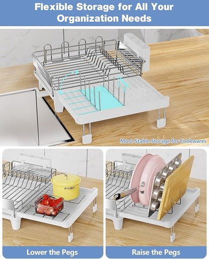 Expandable Dish Drying Rack, Dish Racks for Kitchen Counter, Stainless Steel 304, Flip-Top Retractable Plate, Multi-Directional Adjustable Dish Rack, Space Saving Large Drying Rack Kitchen, White - Image 4