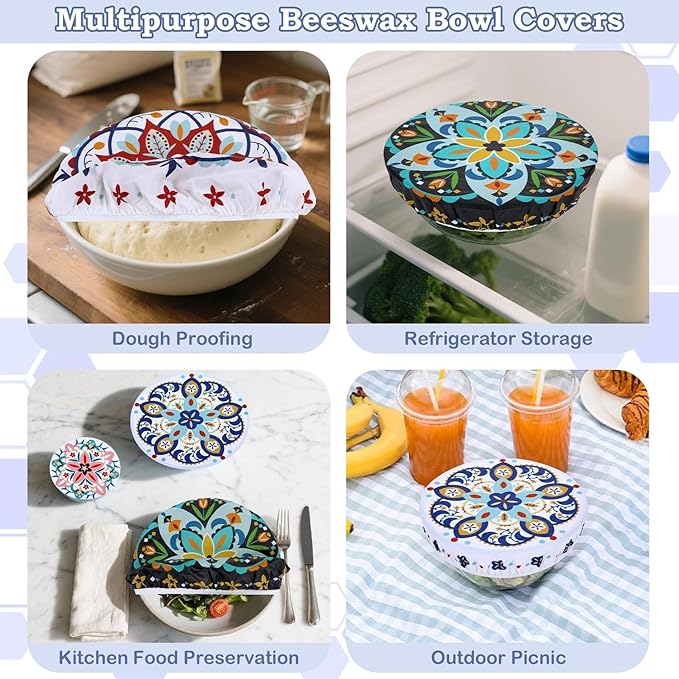 5-Size Reusable Beeswax Bowl Covers for Bread Proofing, Cotton Cloth Flexible Beeswax Wraps for Food Storage(Pentagonal Floral) - Image 5