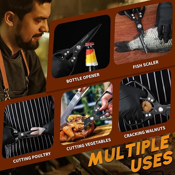 HUUSK Kitchen Scissors Set Black - Stainless Steel Kitchen Shears, Sharp Meat Scissors Dishwasher Safe, Heavy Duty Poultry Shears All Purpose, Japanese Cooking Scissor for Food,Christmas Gifts for Men - Image 5