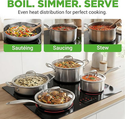 NutriChef 8-Piece Triply Cookware Set Stainless Steel - Triply Kitchenware Pots & Pans Set Kitchen Cookware, Non-Stick Coating - Sauce Pot, Stew Pot, Cooking Pot, Frying Pan, Lids
