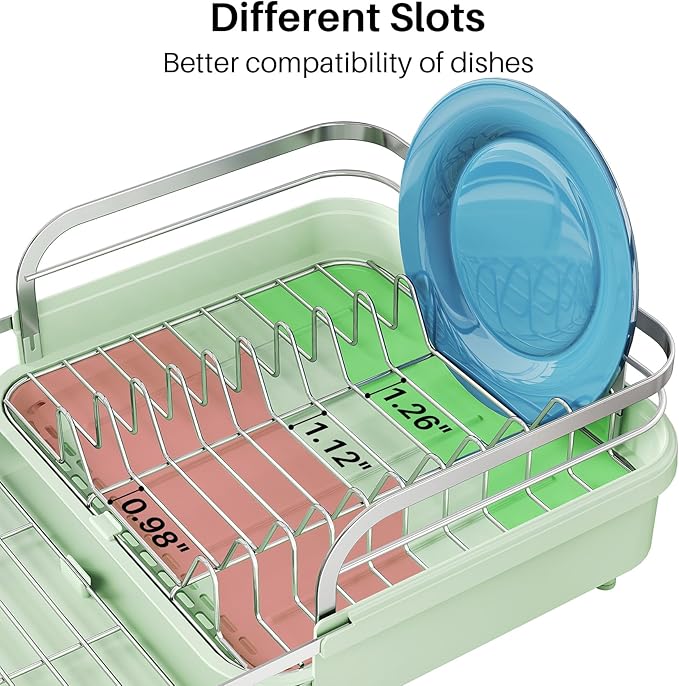 SNTD Dish Drying Rack, Expandable Dish Rack for Kitchen Counter, Stainless Steel Dish Drainer with Drainboard Set and Utensil Holder (Green) - Image 6