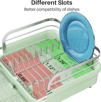 SNTD Dish Drying Rack, Expandable Dish Rack for Kitchen Counter, Stainless Steel Dish Drainer with Drainboard Set and Utensil Holder (Green) - Image 6