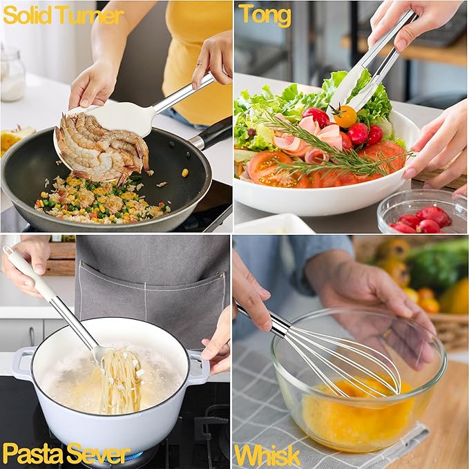LIANYU 15 Pcs Cooking Kitchen Utensils Set with Holder, Silicone Kitchen Gadgets with Stainless Steel Handle, Heat Resistant Spatula Tools, Brush Spoon Tong Whisk Ladle Turner for Cookware, White - Image 4