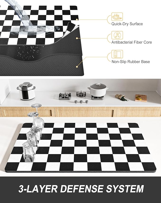 Rnivvi Dish Drying Mat for Kitchen Counter, 12 x 19" Cute Checkered Absorbent Draining Pad, Non-Slip Heat Resistant Coffee Bar Mats for Coffee Machine Station Accessories, Black White Dish Rack Pad - Image 4