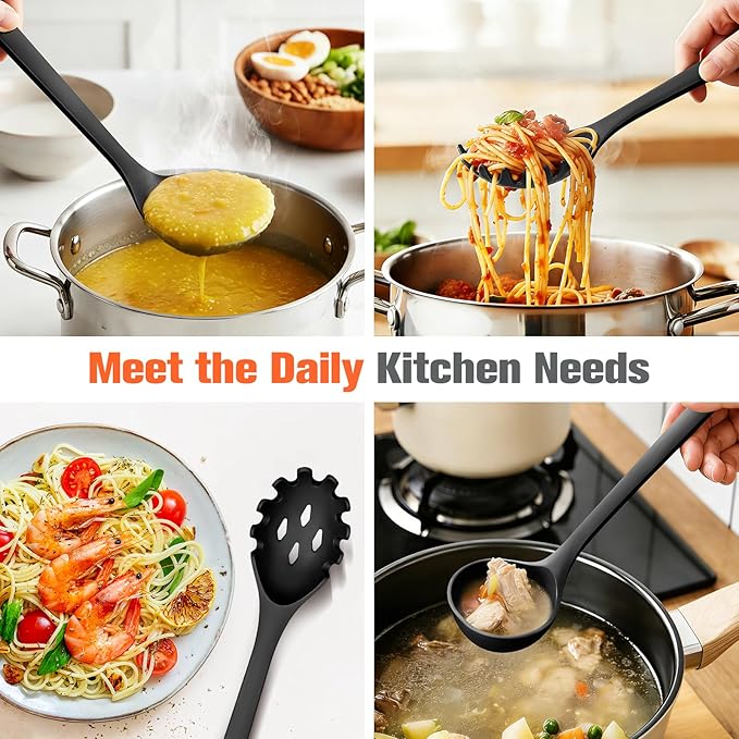 Silicone Spaghetti Spoon&Soup Ladle Cooking Utensils Set of 2,No Scratch for Nonstick Cookware,BPA Free, 450℉ Heat Resistant (BLACK) - Image 3