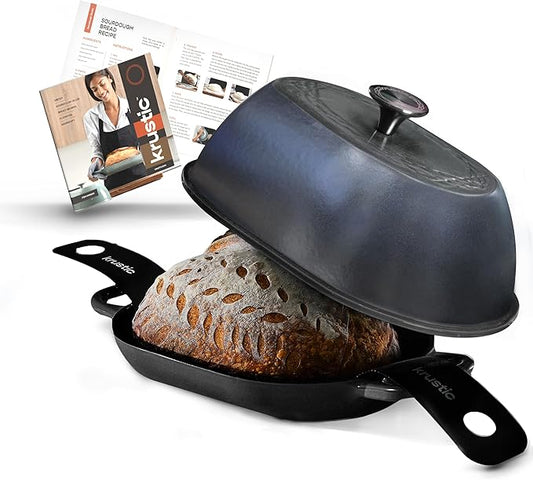 Krustic Enameled Cast Iron Dutch Oven for Professional Sourdough Bread Baking | 5.5 Quart Loaf Size Oval Cookware Pot with Lid | Triple-Layer Enamel Coating Pan with Non Stick Silicone Mat | Black