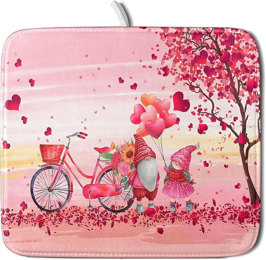 Pink Heart Valentine's Day Gnomes Dish Drying Mat for Kitchen Counter,Pink Bicycle Love Tree Drying Mat 16 x 18 Inch with Absorbent Reversible Microfiber Dish Drying Pad Dish Rack Pad for Coffee Bar by Anyako