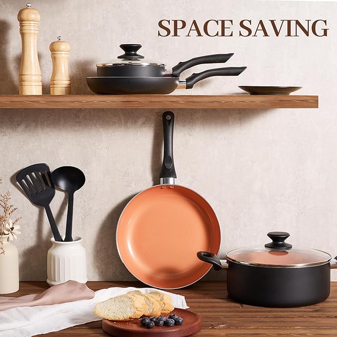 BECIGAR 8pcs Gold Ceramic Pots and Pans Set, Cooking Pan Set,Cooking Pot Set Ceramic Pan Set, Nonstick Cookware Set, Induction Safe Kitchen Cooking Set with Frying Pans, Saucepans, shovel and Ladle - Image 3