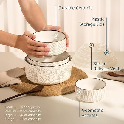 KooK Serving Bowls, with Lids, Ceramic Nesting Bowls, Set of 4, Embossed, Kitchen, Prep, Stackable, Gift, Microwave and Dishwasher Safe, 16/29/47/70 oz, Narbonne Collection (Ivory) - Image 3