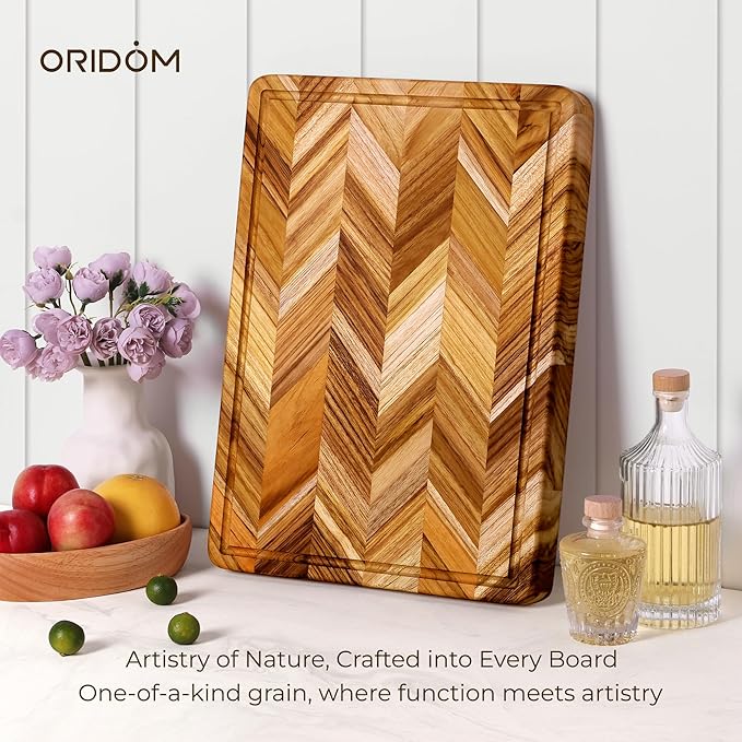 Teak Wood Cutting Board for Kitchen Large End Grain Heavy Duty Checkered Wooden Cutting Board Non Toxic Herringbone Charcuterie Butcher Block Non Slip Hardwood Chopping Board with Juice Groove Handle - Image 7