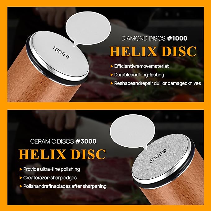 GR Kraft Rolling Knife Sharpener Kit with 1000 & 3000 Grit Diamond Discs, Magnetic Angle Guide 15-20 degree for Kitchen Knives, Finger Protector, Leather Strop & Carry Bag