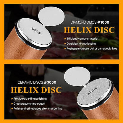 GR Kraft Rolling Knife Sharpener Kit with 1000 & 3000 Grit Diamond Discs, Magnetic Angle Guide 15-20 degree for Kitchen Knives, Finger Protector, Leather Strop & Carry Bag