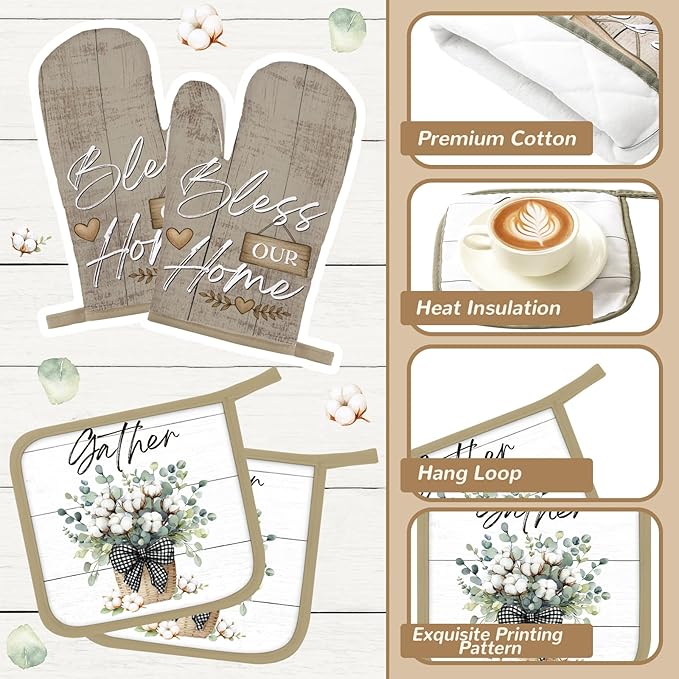 Fourluoo 10 Pcs Flower Basket Farmhouse Kitchen Decor Set Dish Towels Kitchen Rugs Oven Mitts and Pot Holders Set for Cooking Baking Grilling Women Mom Daughter Gift(Spring Color)