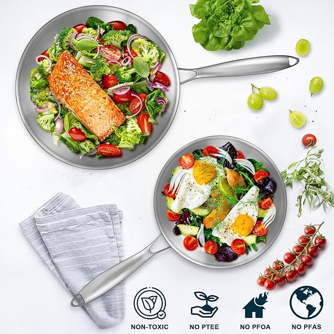 Tri-Ply Stainless Steel Frying Pans Set with Lid, EWFEN 8”/10”/12” Cooking pans, PFOA&PTFE Free Skillet, Induction Cooking Pan, Dishwasher and Oven Safe, Fast & Even Heat, Suitable for All Stove - Image 6
