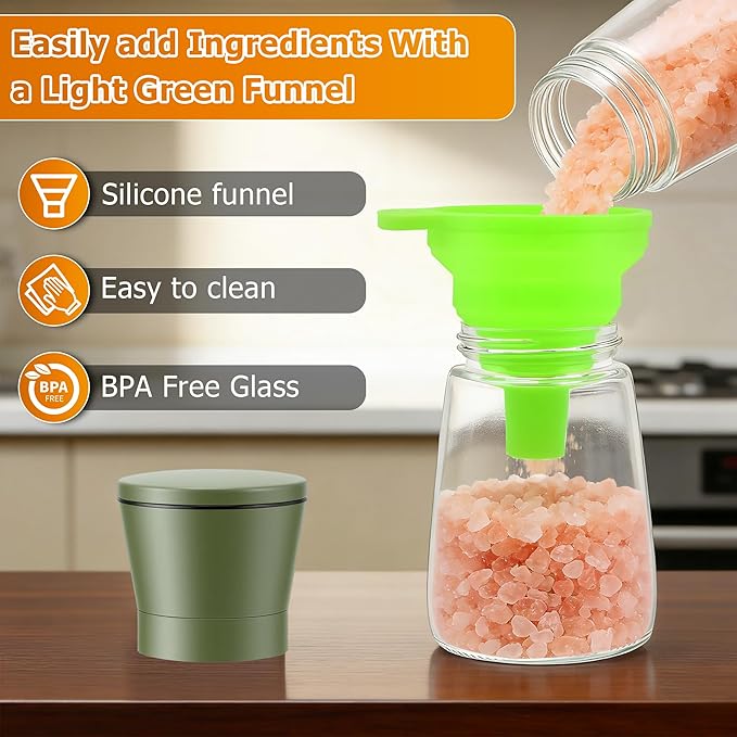 R DRURLCD Sage Green Stainless Steel Sea Salt and Pepper Grinder Set of 2 - Adjustable Ceramic Glass Salt and Pepper Shakers - Kitchen Pepper Mill & Salt Mill W/Funnel