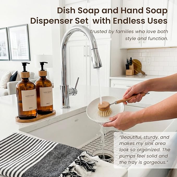 MaisoNovo Glass Dish Soap Dispenser for Kitchen Set of 2-16.9oz Amber Dish and Hand Soap Dispenser Set for Kitchen - Amber Glass Bottles x 2 with Black Bamboo Pumps & Tray